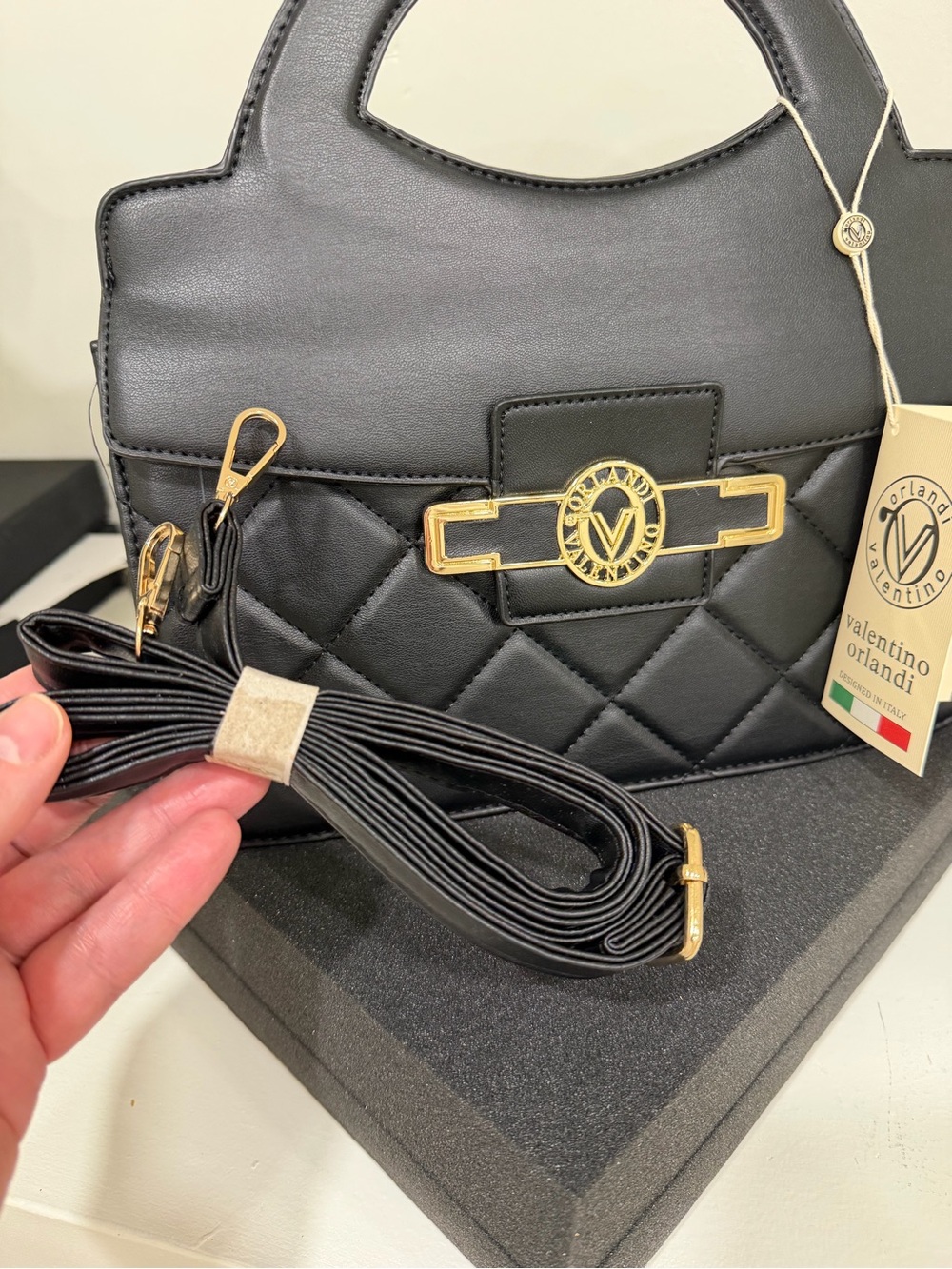 NWT Valentino Orlandi Black Quilted Top-Handle Bag with Gold Accent W/ Crossbody - Picture 9 of 9